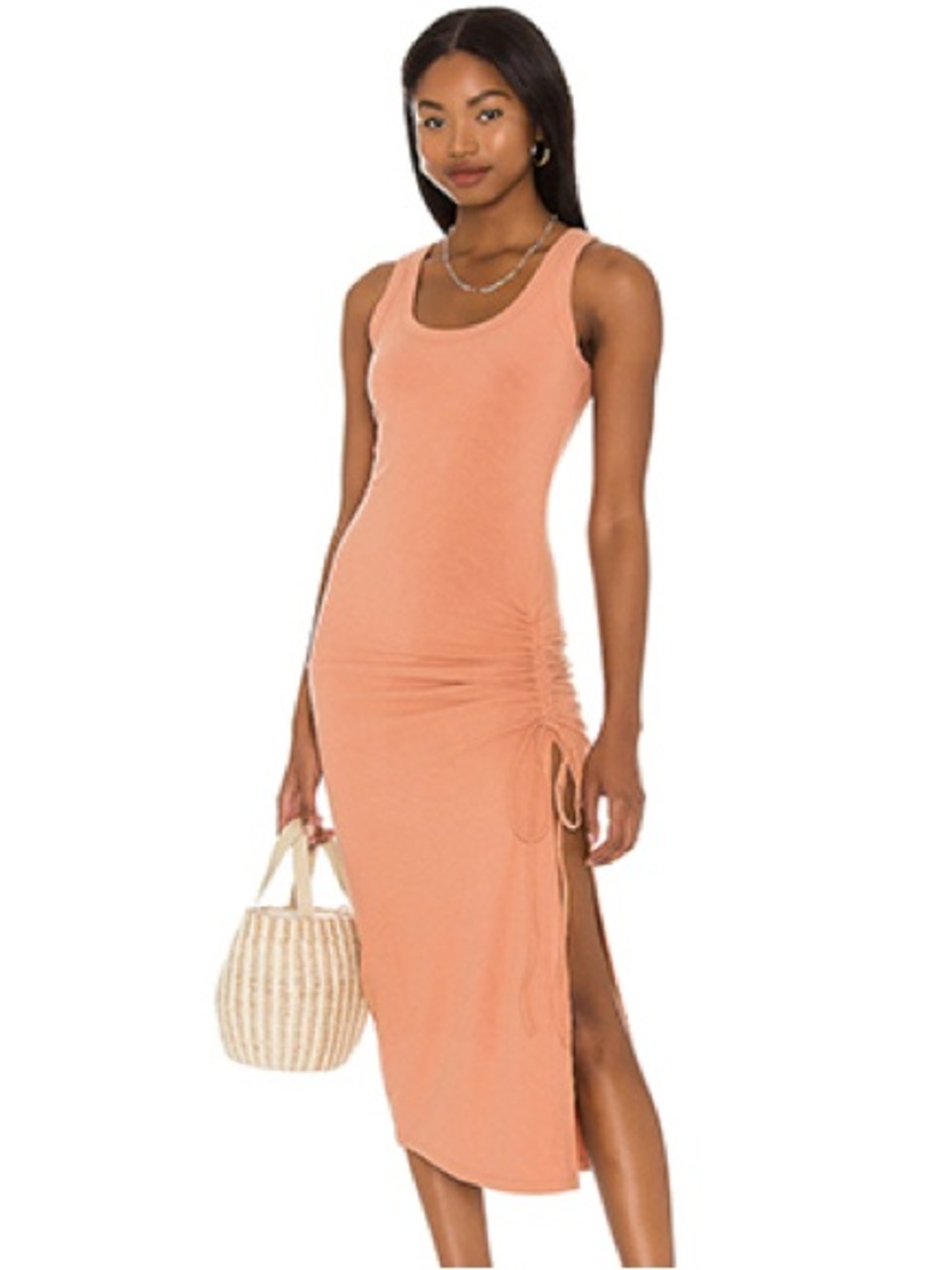 l*space Peach Ruched Tank Midi Dress with Side Slit
